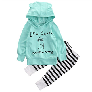Baby Boy Girl Infant Clothes Sets Cotton Long Sleeve Ears Hooded + Striped Pants Outfit