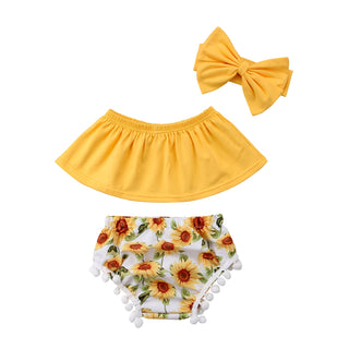 2019 Summer Baby Girl Outfit Off Shoulder Tops + Sunflower Tassel Flower Short + Headband