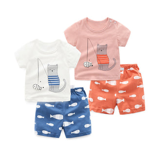 2Pcs Kitten Fishing Short-sleeved T-shirt+Shorts Kids Outfits 100% Cotton Newborn Baby Boy Girl Summer Clothes Suit